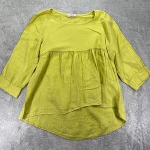 Saga Tunic Top Womens  XL Green Linen Textured Pleated Round Neck High Low Hem